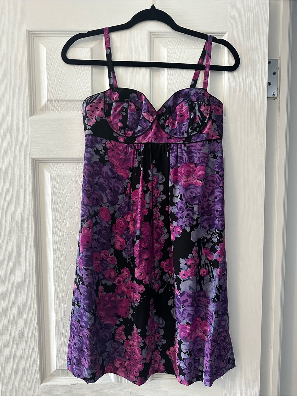 Rebecca Taylor Black Strapless Floral Dress with Pink & Purple Blooms